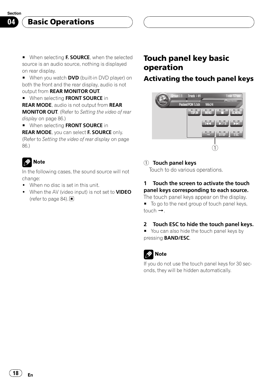 Touch panel key basic operation 18, Touch panelkey basic operation, Basic operations | Pioneer AVH-P7550DVD User Manual | Page 18 / 104