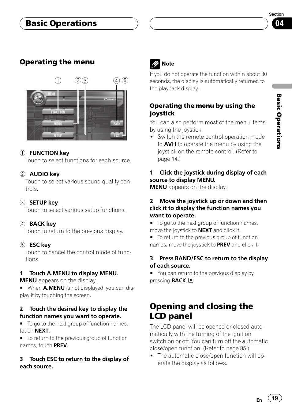 Opening and closing the lcd panel 19, Opening and closing the lcd panel, Basic operations | Pioneer AVH-P7550DVD User Manual | Page 19 / 104