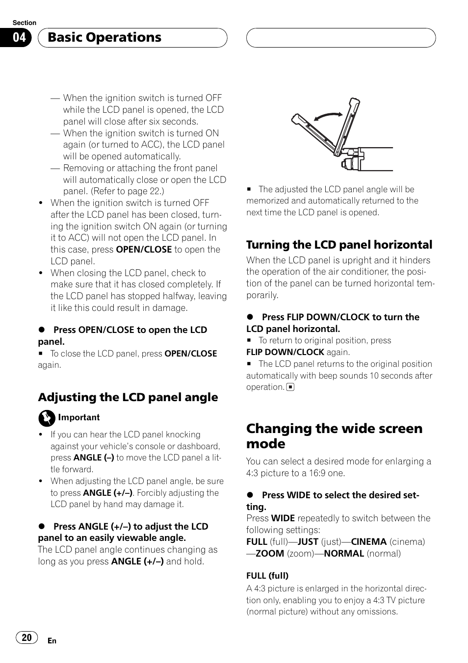 Changing the wide screen mode 20, Changing the wide screen mode, Basic operations | Adjusting the lcd panelangle, Turning the lcd panelhorizontal | Pioneer AVH-P7550DVD User Manual | Page 20 / 104