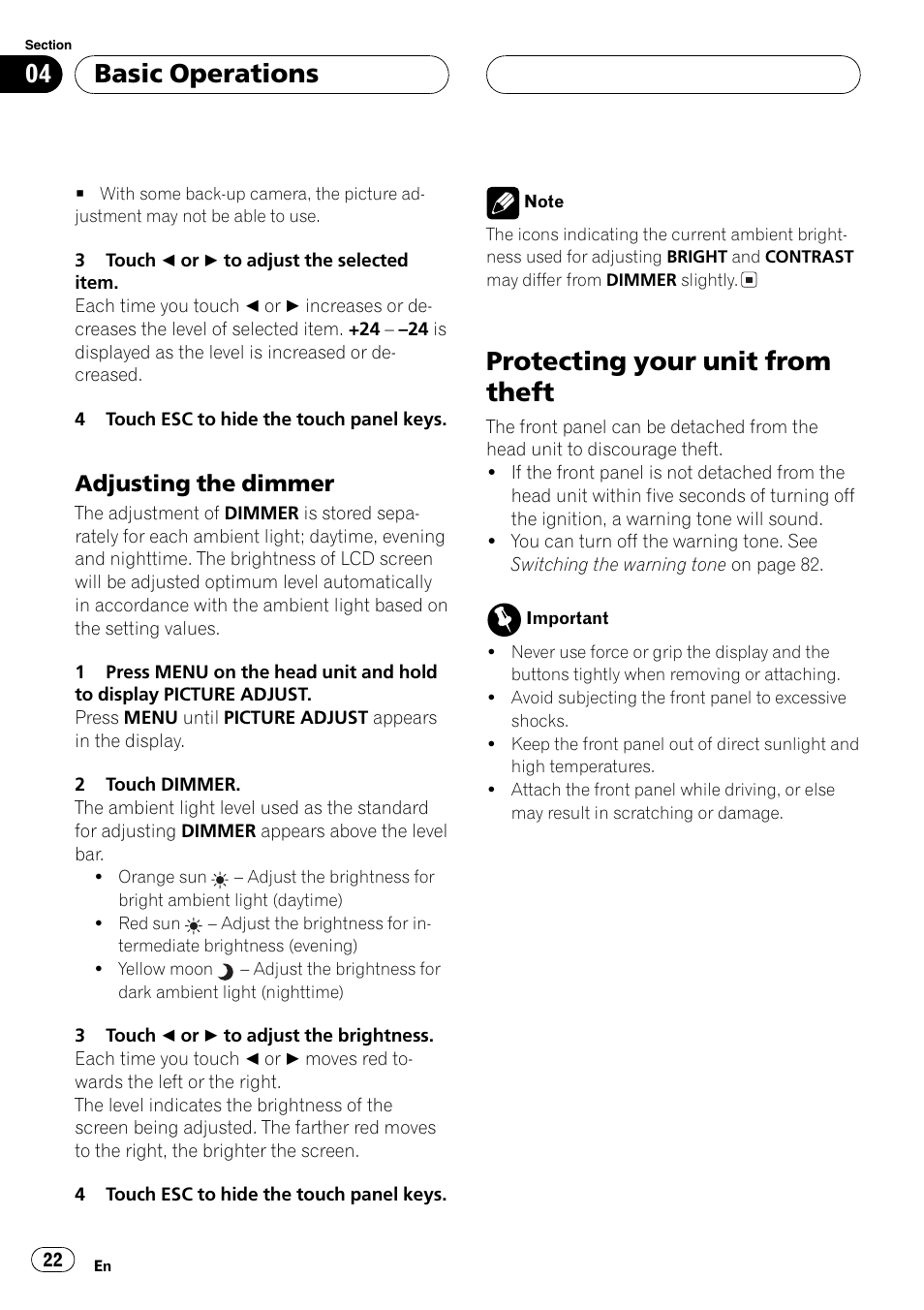 Protecting your unit from theft 22, Protecting your unit from theft, Basic operations | Adjusting the dimmer | Pioneer AVH-P7550DVD User Manual | Page 22 / 104