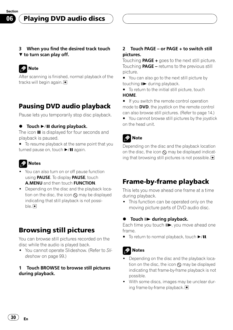 Pausing dvd audio playback, Browsing still pictures, Frame-by-frame playback | Playing dvd audio discs | Pioneer AVH-P7550DVD User Manual | Page 30 / 104