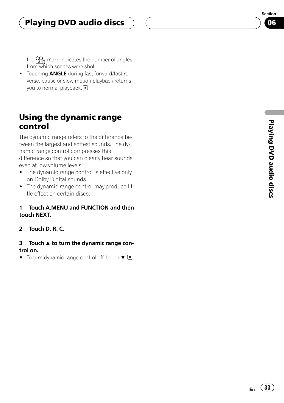 Using the dynamic range control 33, Using the dynamic range control, Playing dvd audio discs | Pioneer AVH-P7550DVD User Manual | Page 33 / 104
