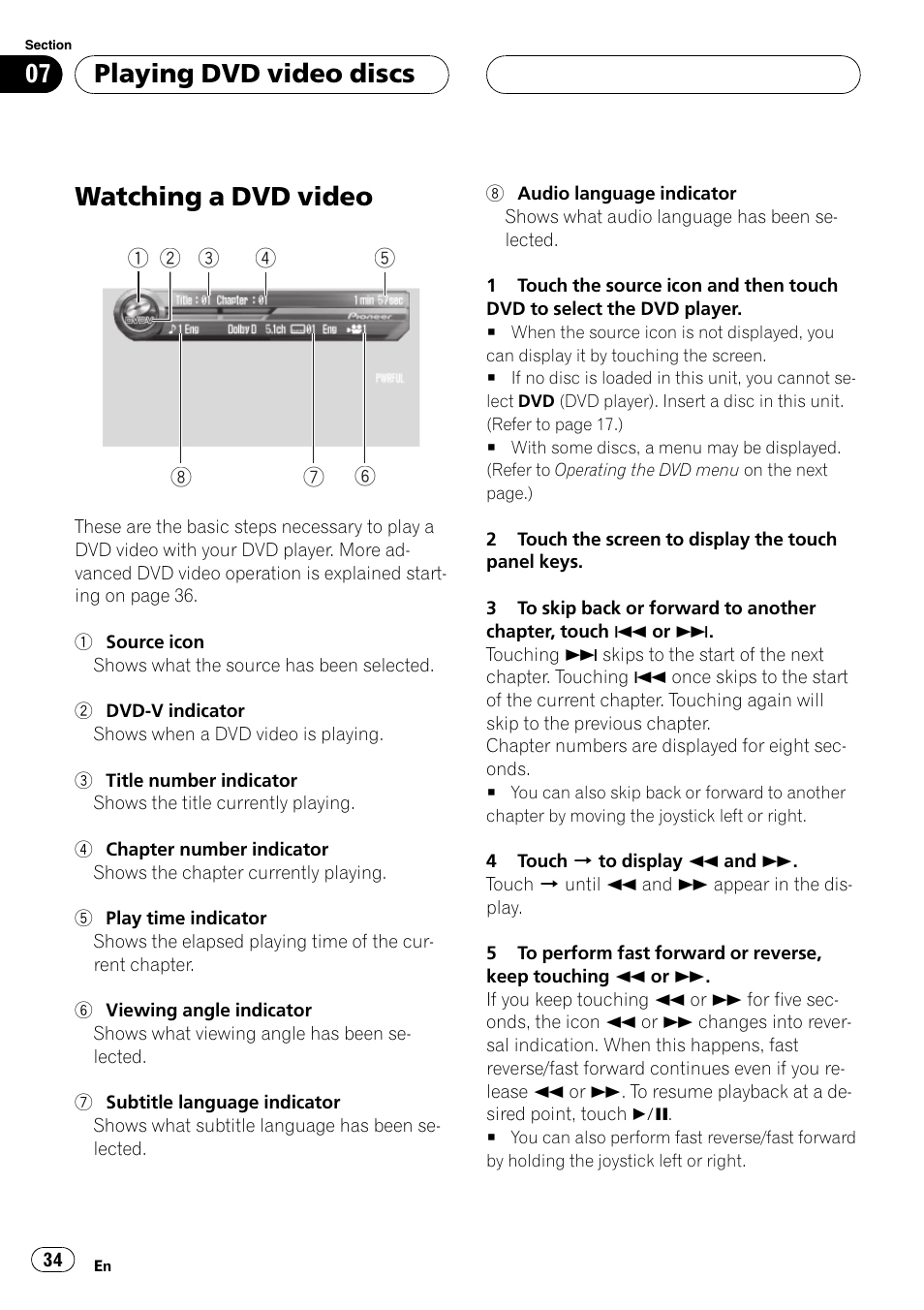 Playing dvd video discs watching a dvd video 34, Watching a dvd video, Playing dvd video discs | Pioneer AVH-P7550DVD User Manual | Page 34 / 104
