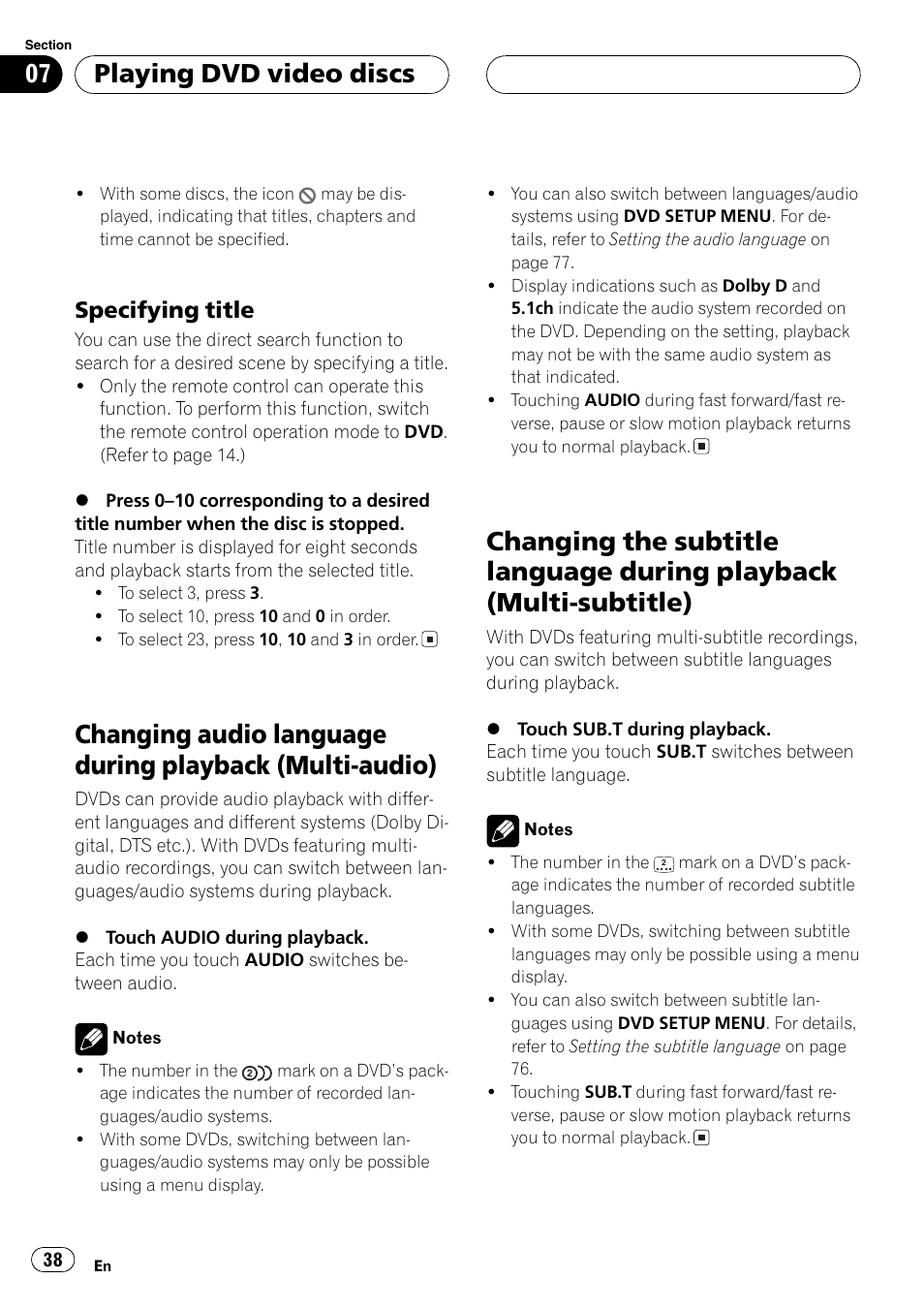 Changing audio language during playback, Multi-audio) 38, Changing the subtitle language during | Playback (multi-subtitle) 38, Playing dvd video discs, Specifying title | Pioneer AVH-P7550DVD User Manual | Page 38 / 104