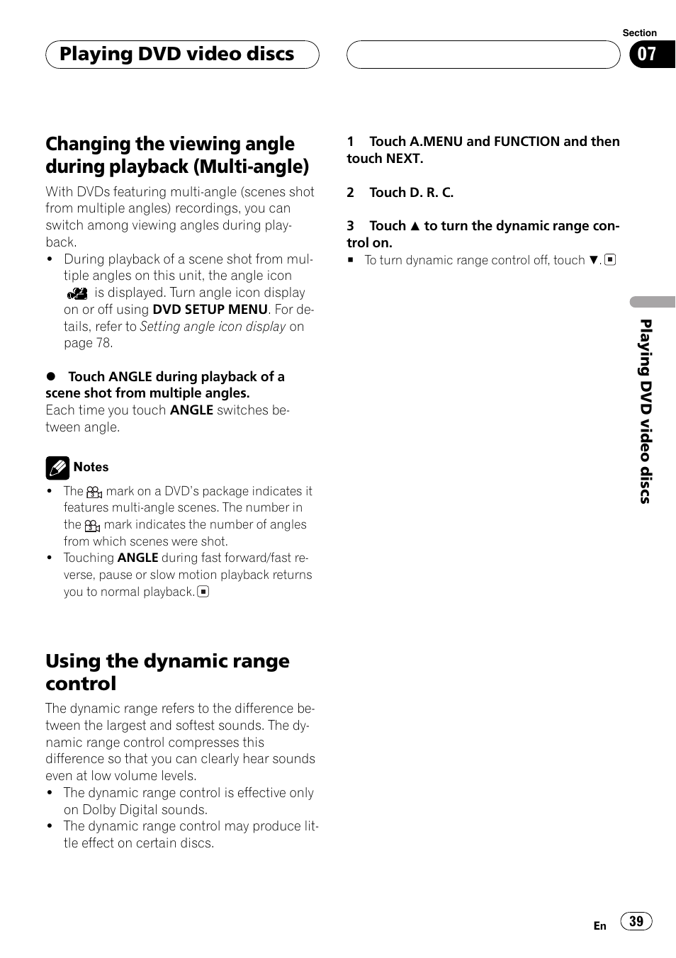 Changing the viewing angle during playback, Multi-angle) 39, Using the dynamic range control 39 | Using the dynamic range control, Playing dvd video discs | Pioneer AVH-P7550DVD User Manual | Page 39 / 104