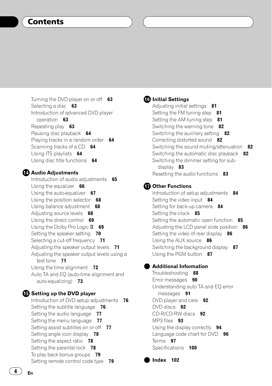 Pioneer AVH-P7550DVD User Manual | Page 4 / 104