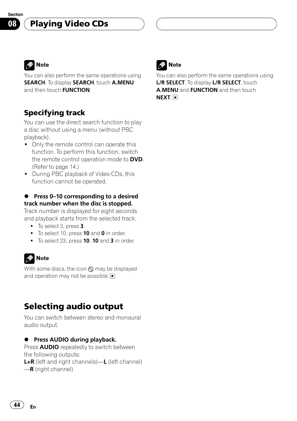 Selecting audio output 44, Spe- cifying track, Selecting audio output | Playing video cds, Specifying track | Pioneer AVH-P7550DVD User Manual | Page 44 / 104