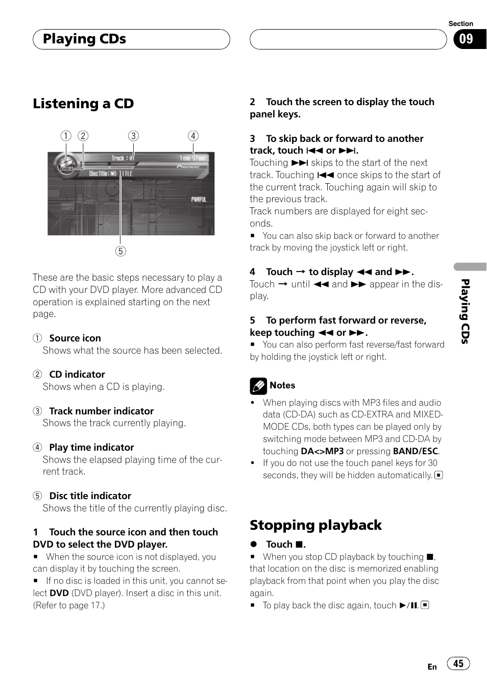 Playing cds listening a cd 45 stopping playback 45, Listening a cd, Stopping playback | Playing cds | Pioneer AVH-P7550DVD User Manual | Page 45 / 104