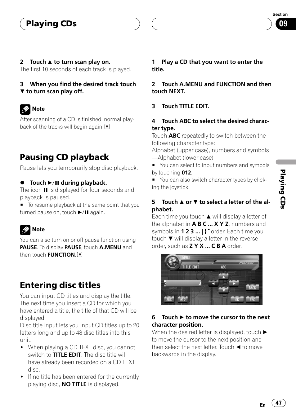 Pausing cd playback 47 entering disc titles 47, Pausing cd playback, Entering disc titles | Playing cds | Pioneer AVH-P7550DVD User Manual | Page 47 / 104