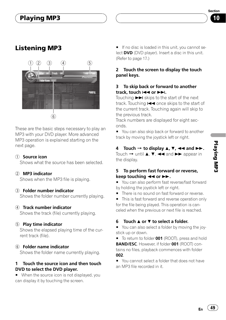 Playing mp3 listening mp3 49, Listening mp3, Playing mp3 | Pioneer AVH-P7550DVD User Manual | Page 49 / 104