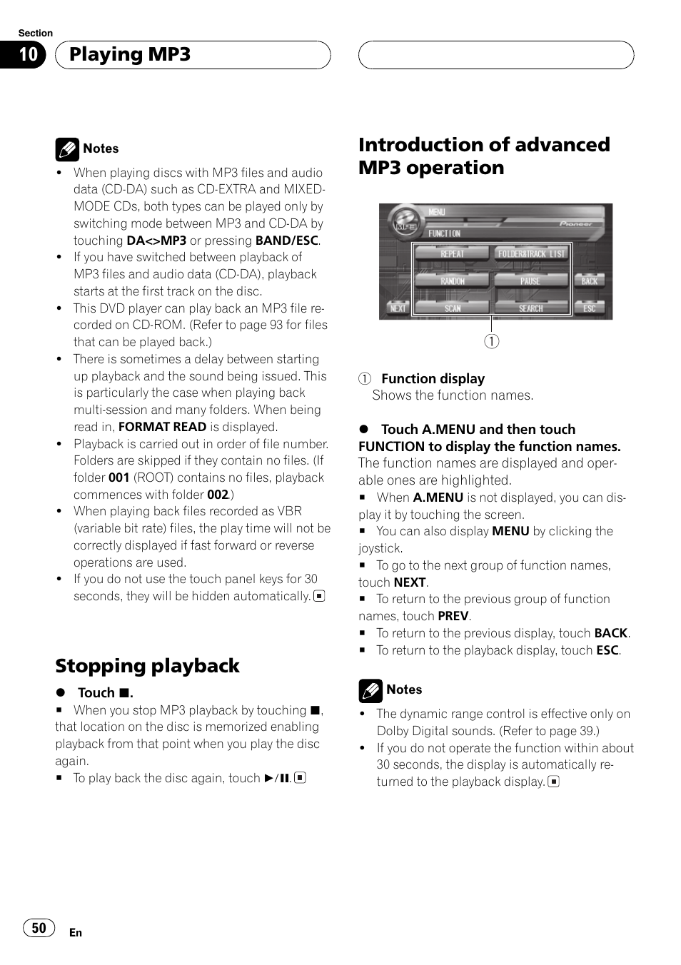 Stopping playback, Introduction of advanced mp3 operation, Playing mp3 | Pioneer AVH-P7550DVD User Manual | Page 50 / 104