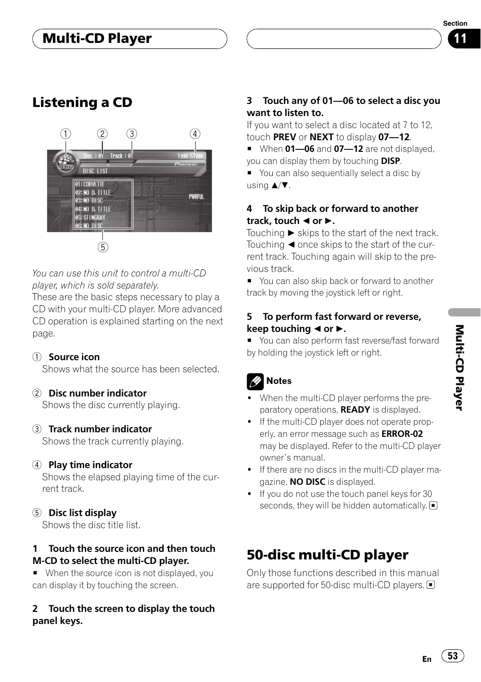 Listening a cd, Disc multi-cd player, Multi-cd player | Pioneer AVH-P7550DVD User Manual | Page 53 / 104