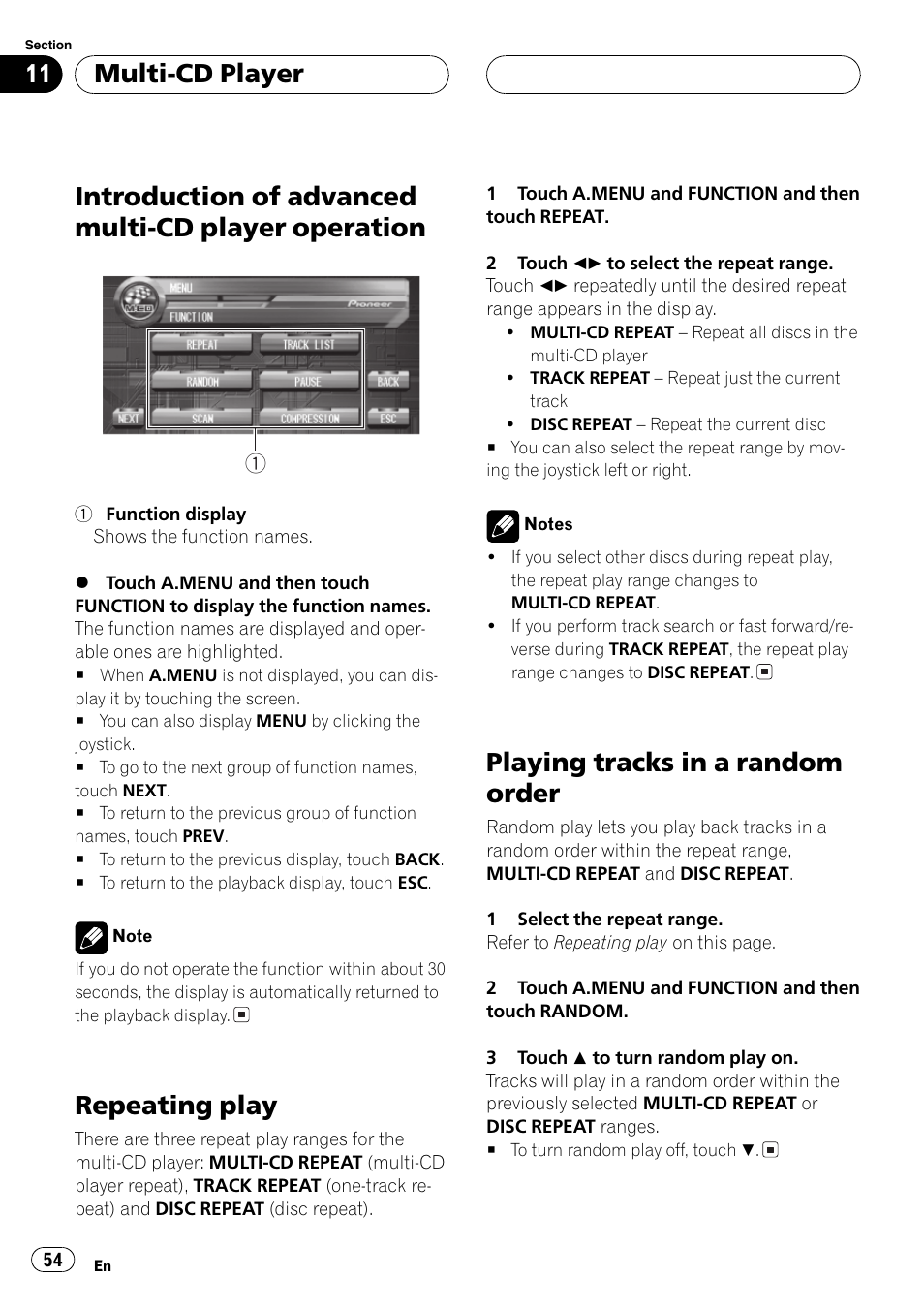 Introduction of advanced multi-cd player, Operation 54, Introduction of advanced multi-cd player operation | Repeating play, Playing tracks in a random order, Multi-cd player | Pioneer AVH-P7550DVD User Manual | Page 54 / 104
