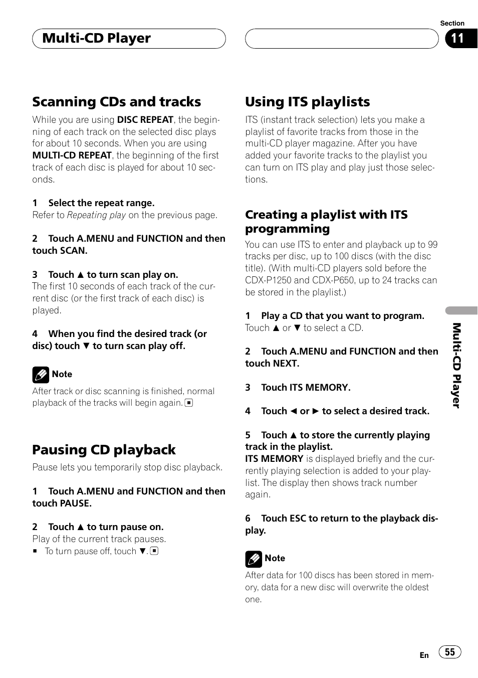 Scanning cds and tracks, Pausing cd playback, Using its playlists | Multi-cd player | Pioneer AVH-P7550DVD User Manual | Page 55 / 104