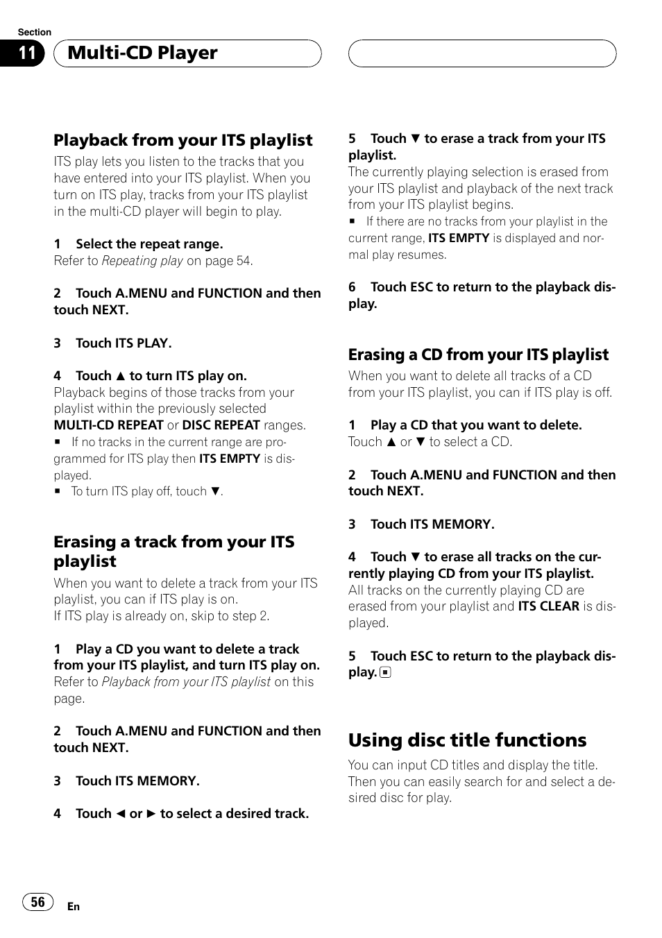 Using disc title functions 56, Using disc title functions, Multi-cd player | Playback from your its playlist, Erasing a track from your its playlist, Erasing a cd from your its playlist | Pioneer AVH-P7550DVD User Manual | Page 56 / 104