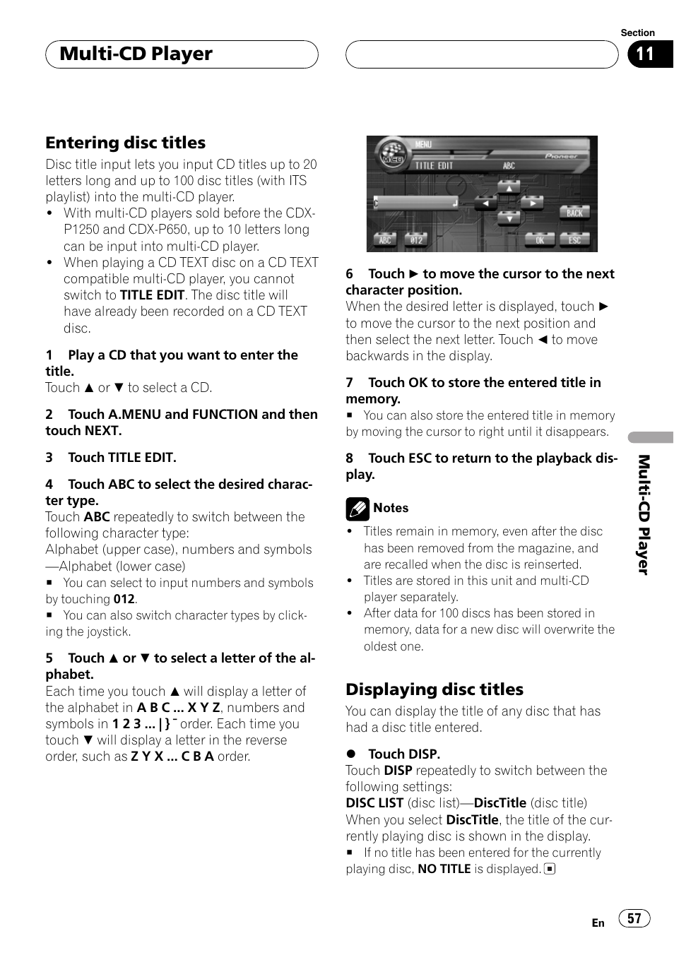 Multi-cd player, Entering disc titles, Displaying disc titles | Pioneer AVH-P7550DVD User Manual | Page 57 / 104