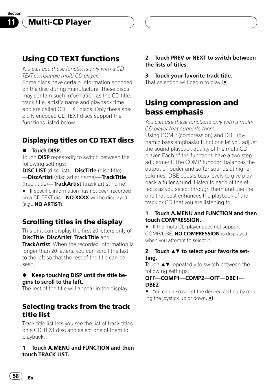 Using cd text functions, Using compression and bass emphasis, Multi-cd player | Displaying titles on cd text discs, Scrolling titles in the display, Selecting tracks from the track title list | Pioneer AVH-P7550DVD User Manual | Page 58 / 104