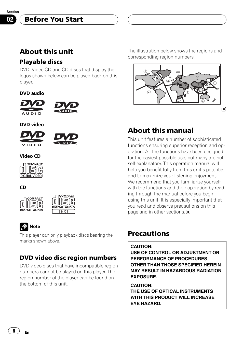 Playable discs 6, Dvd video disc region numbers 6, About this unit | About this manual, Precautions, Before you start | Pioneer AVH-P7550DVD User Manual | Page 6 / 104