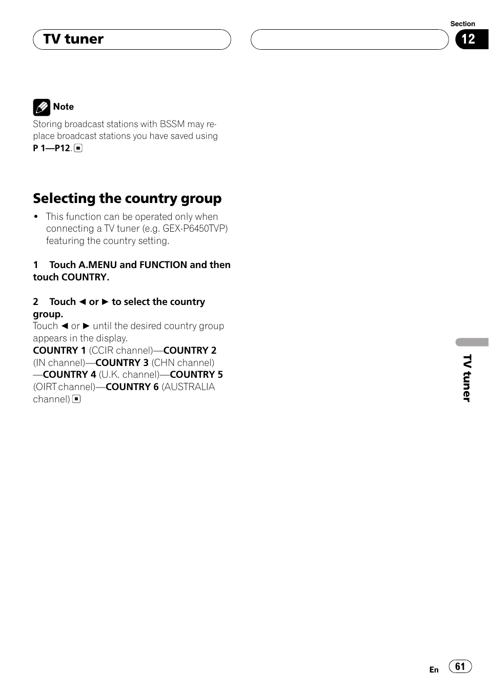 Selecting the country group 61, Selecting the country group, Tv tuner | Pioneer AVH-P7550DVD User Manual | Page 61 / 104