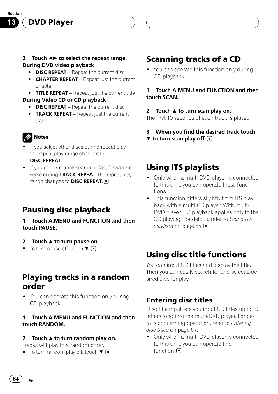 Pausing disc playback, Playing tracks in a random order, Scanning tracks of a cd | Using its playlists, Using disc title functions, Dvd player | Pioneer AVH-P7550DVD User Manual | Page 64 / 104