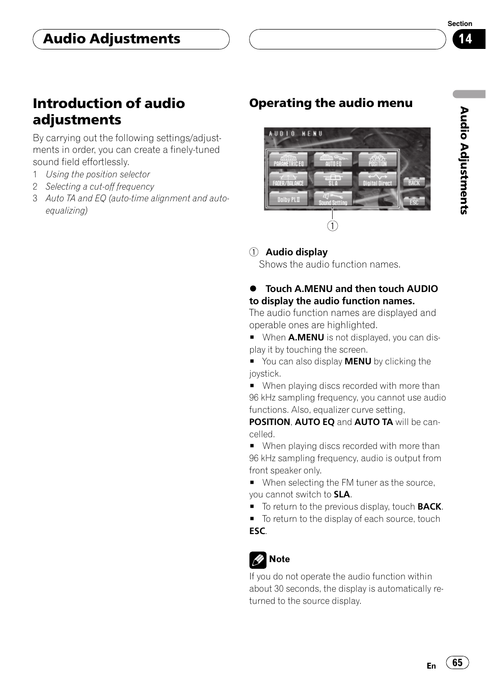 Introduction of audio adjustments, Audio adjustments | Pioneer AVH-P7550DVD User Manual | Page 65 / 104