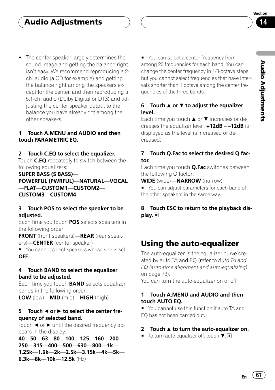 Using the auto-equalizer 67, Using the auto-equalizer, Audio adjustments | Pioneer AVH-P7550DVD User Manual | Page 67 / 104