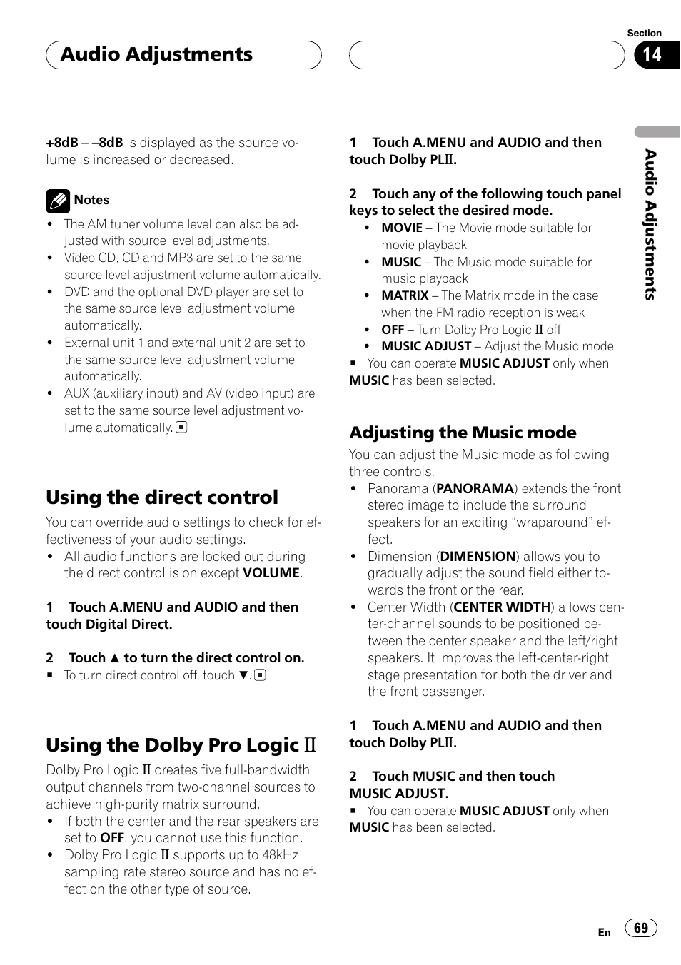 Using the direct control, Using the dolby pro logic b, Audio adjustments | Adjusting the music mode | Pioneer AVH-P7550DVD User Manual | Page 69 / 104