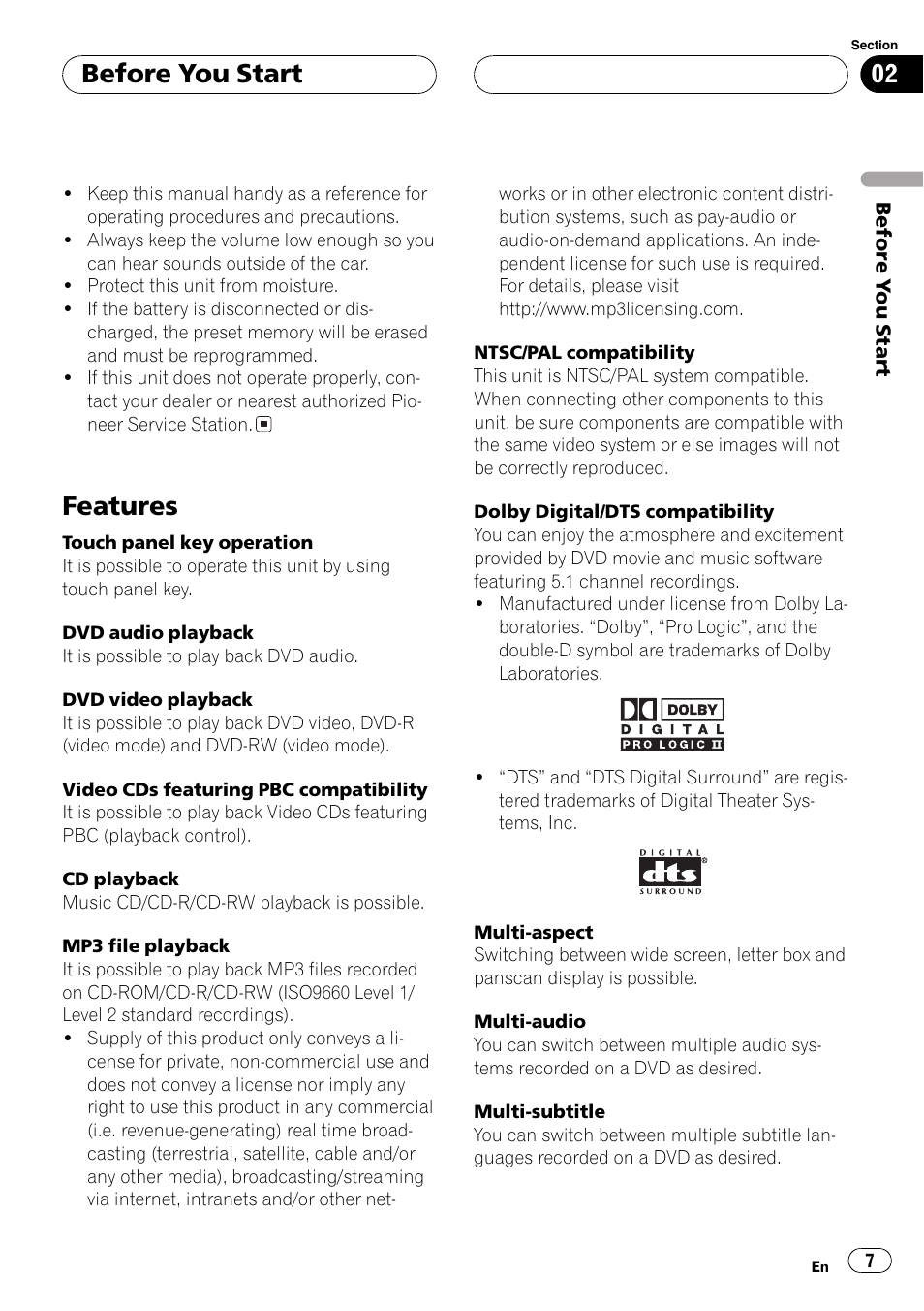 Features 7, Features, Before you start | Pioneer AVH-P7550DVD User Manual | Page 7 / 104