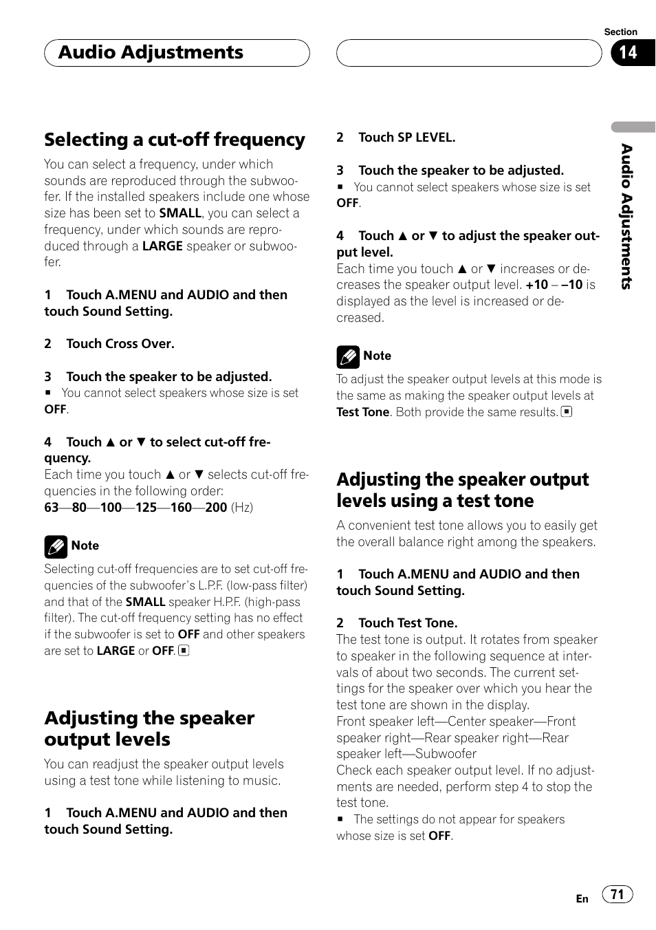 Test tone 71, Selecting a cut-off frequency, Adjusting the speaker output levels | Audio adjustments | Pioneer AVH-P7550DVD User Manual | Page 71 / 104