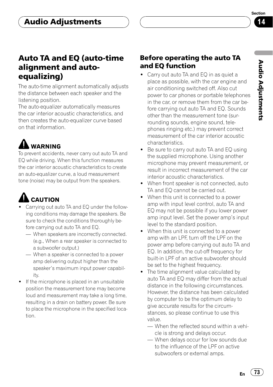 Auto ta and eq (auto-time alignment and, Auto-equalizing) 73, Auto ta and eq (auto-time alignment and auto | Equalizing), Audio adjustments, Before operating the auto ta and eq function | Pioneer AVH-P7550DVD User Manual | Page 73 / 104