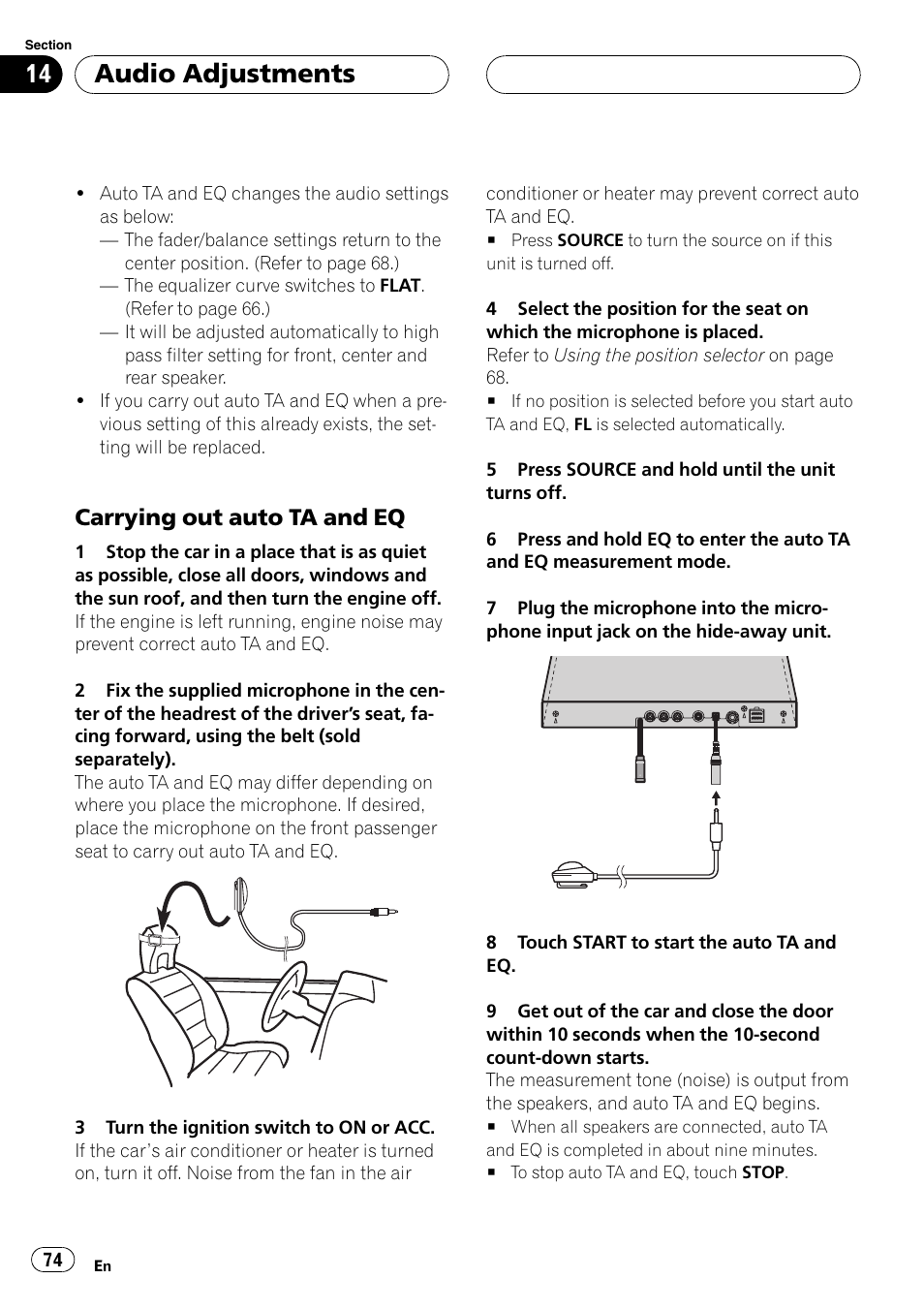 Audio adjustments, Carrying out auto ta and eq | Pioneer AVH-P7550DVD User Manual | Page 74 / 104