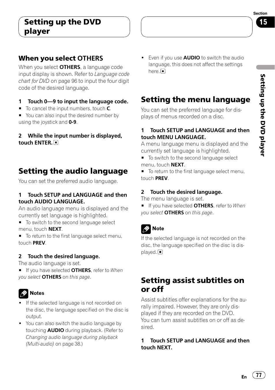 Setting the audio language, Setting the menu language, Setting assist subtitles on or off | Setting up the dvd player | Pioneer AVH-P7550DVD User Manual | Page 77 / 104