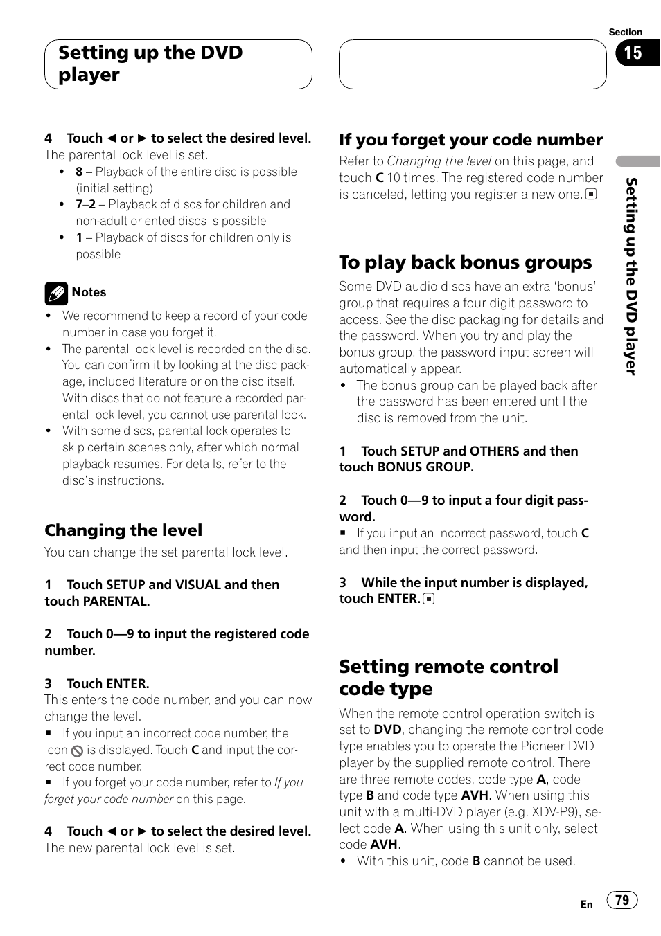 Setting remote, Setting remote control code type, Setting up the dvd player | Changing the level, If you forget your code number | Pioneer AVH-P7550DVD User Manual | Page 79 / 104