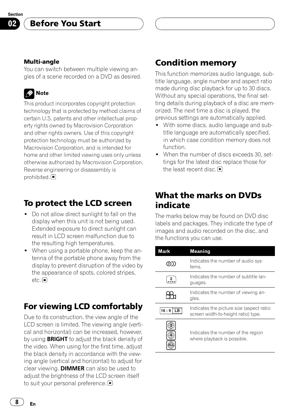 For viewing lcd comfortably, What the marks on dvds indicate, Before you start | Pioneer AVH-P7550DVD User Manual | Page 8 / 104