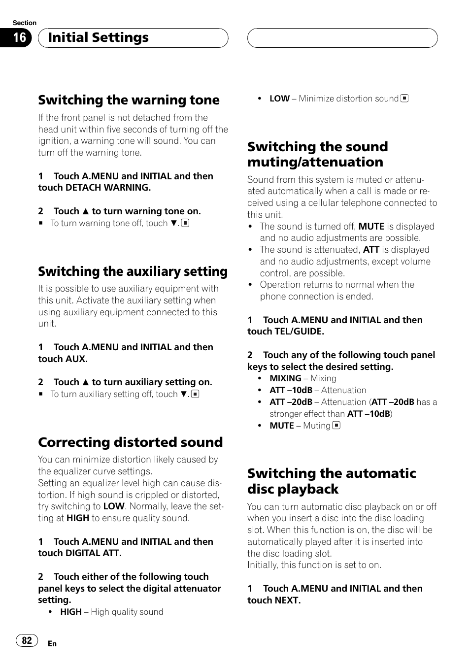 Switching, Switching the warning tone, Switching the auxiliary setting | Correcting distorted sound, Switching the sound muting/attenuation, Switching the automatic disc playback, Initialsettings | Pioneer AVH-P7550DVD User Manual | Page 82 / 104