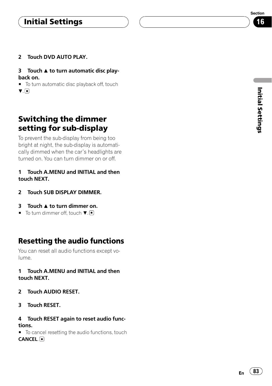 Switching the dimmer setting for sub, Display 83, Resetting the audio functions 83 | Switching the dimmer setting for sub-display, Resetting the audio functions, Initialsettings | Pioneer AVH-P7550DVD User Manual | Page 83 / 104