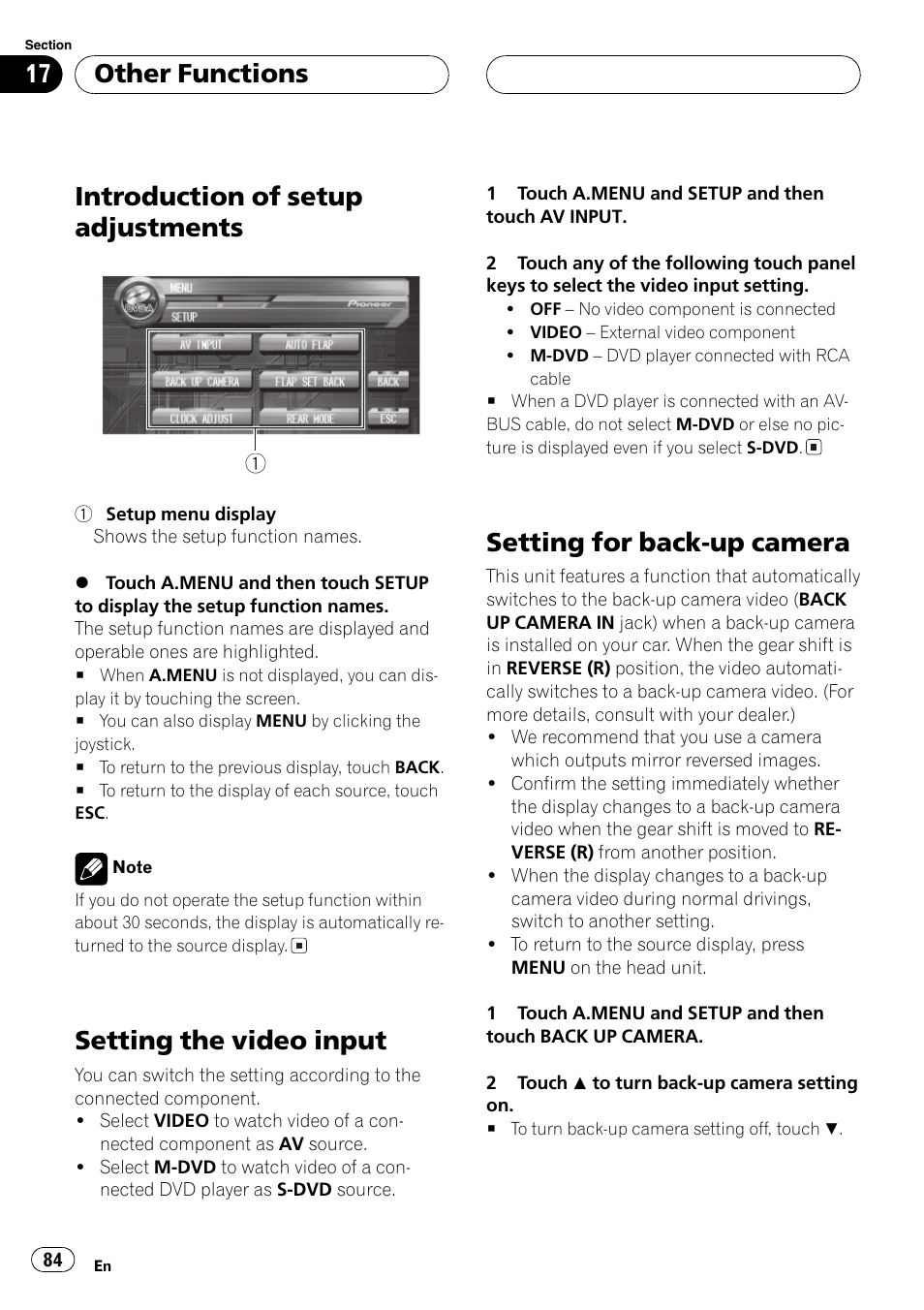 Introduction of setup adjustments, Setting the video input, Setting for back-up camera | Other functions | Pioneer AVH-P7550DVD User Manual | Page 84 / 104