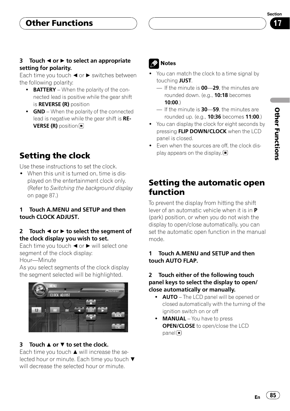 Setting the clock, Setting the automatic open function, Other functions | Pioneer AVH-P7550DVD User Manual | Page 85 / 104