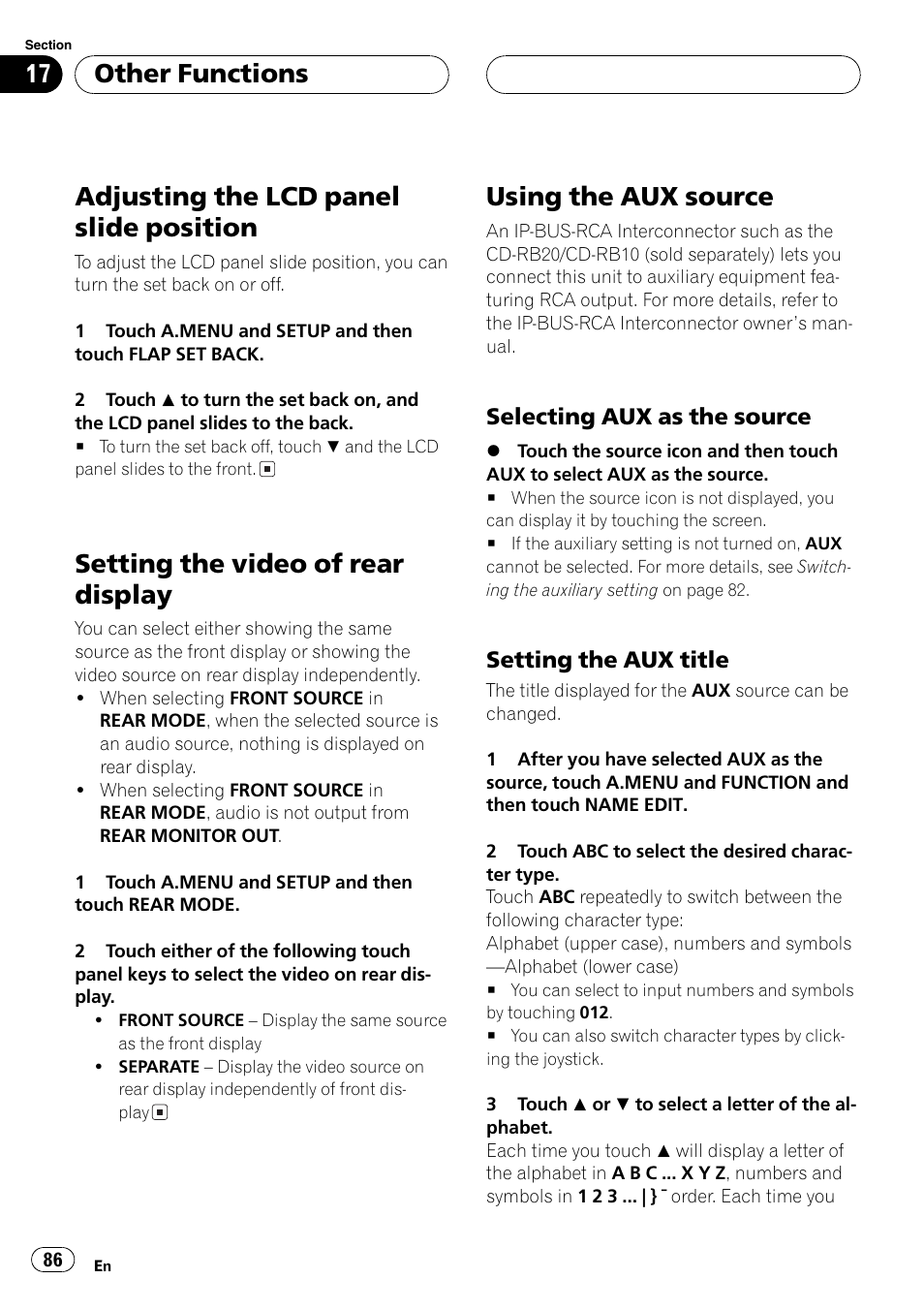 Adjusting the lcd panel slide position, Setting the video of rear display, Using the aux source | Other functions | Pioneer AVH-P7550DVD User Manual | Page 86 / 104