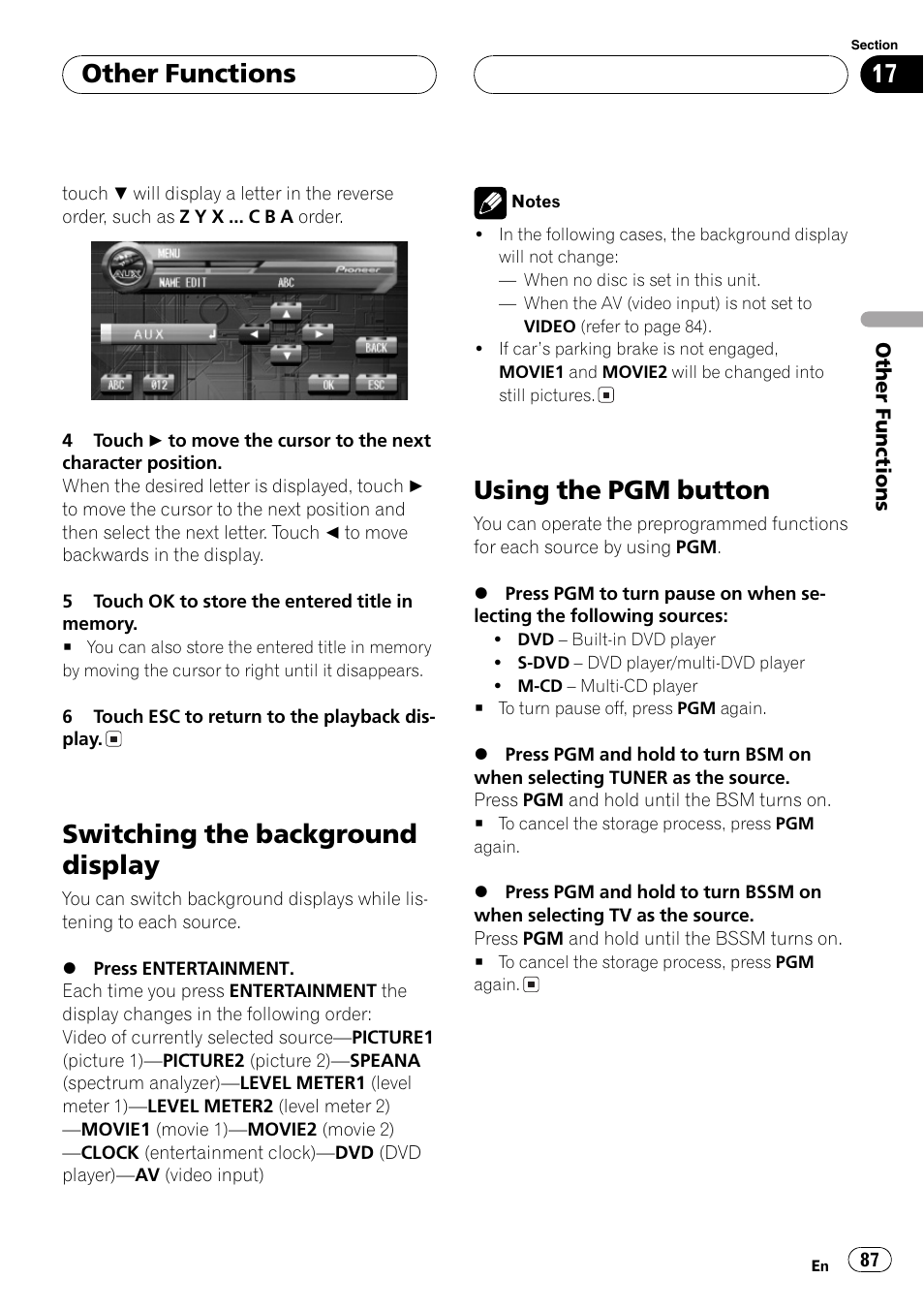 Switching the background display, Using the pgm button, Other functions | Pioneer AVH-P7550DVD User Manual | Page 87 / 104