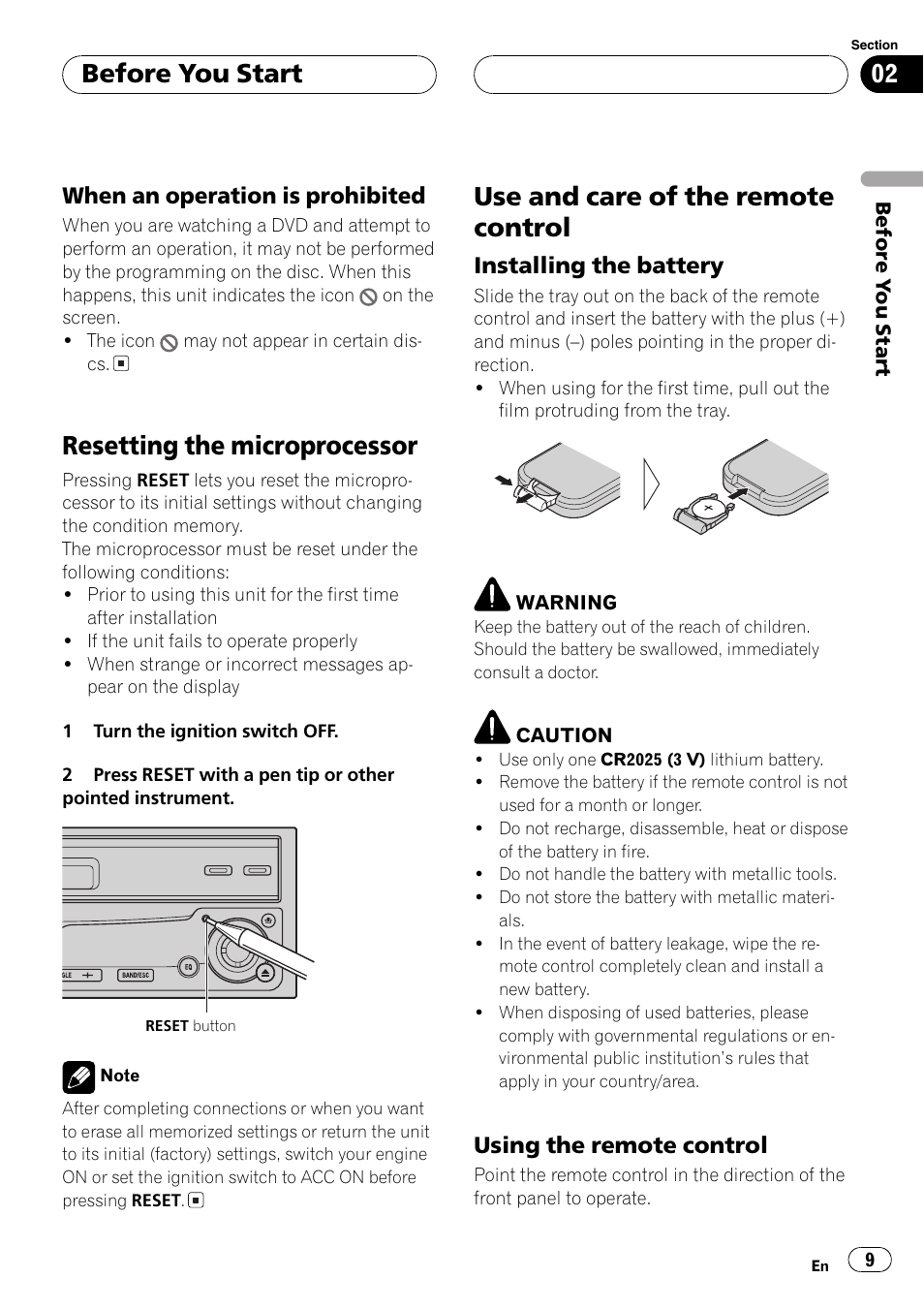 When an operation is prohibited 9, Resetting the microprocessor, Use and care of the remote control | Before you start | Pioneer AVH-P7550DVD User Manual | Page 9 / 104