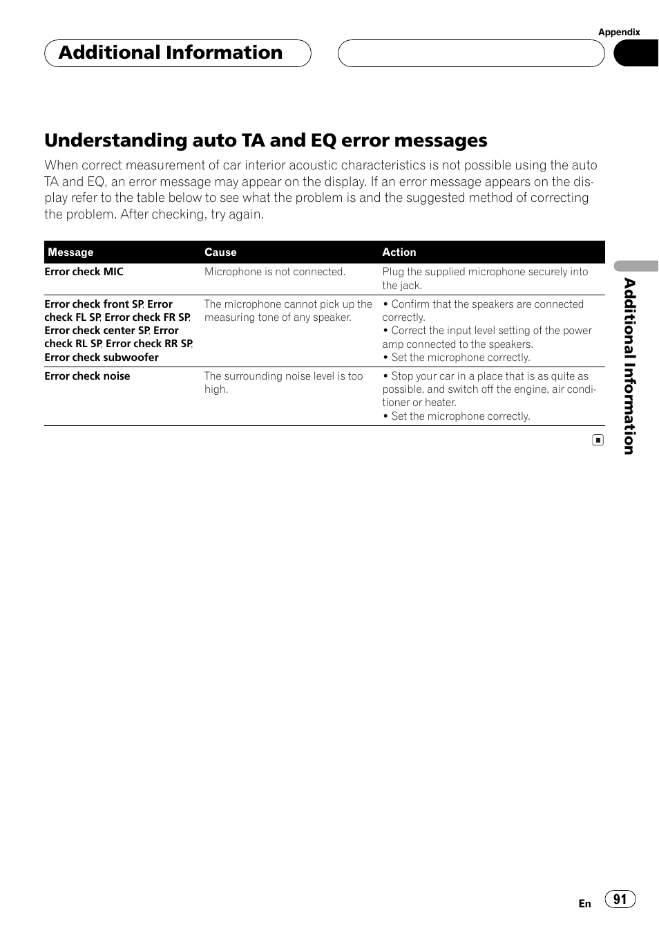 Understanding auto ta and eq error, Messages 91, Understanding auto ta and eq error messages | Additionalinformation | Pioneer AVH-P7550DVD User Manual | Page 91 / 104