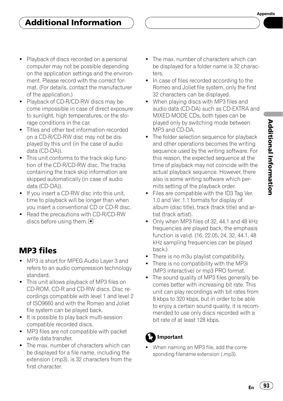 Mp3 files 93, Mp3 files, Additionalinformation | Pioneer AVH-P7550DVD User Manual | Page 93 / 104