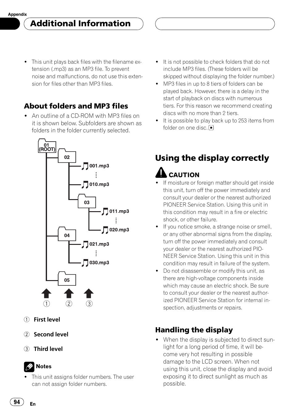Using the display correctly 94, Using the display correctly, Additionalinformation | About folders and mp3 files, Handling the display | Pioneer AVH-P7550DVD User Manual | Page 94 / 104