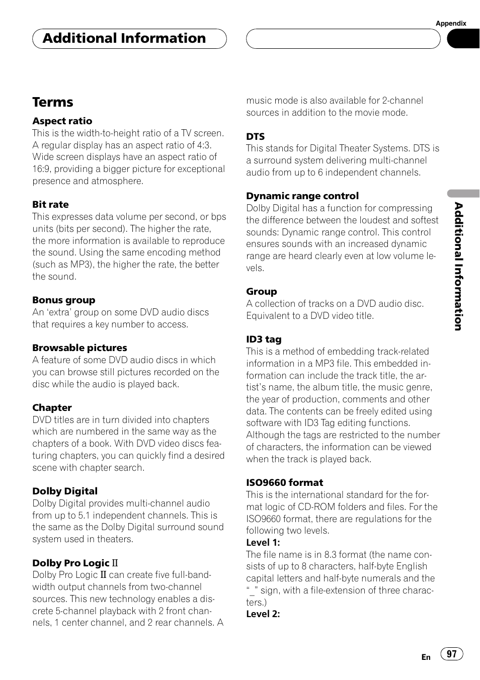 Terms 97, Terms, Additionalinformation | Pioneer AVH-P7550DVD User Manual | Page 97 / 104