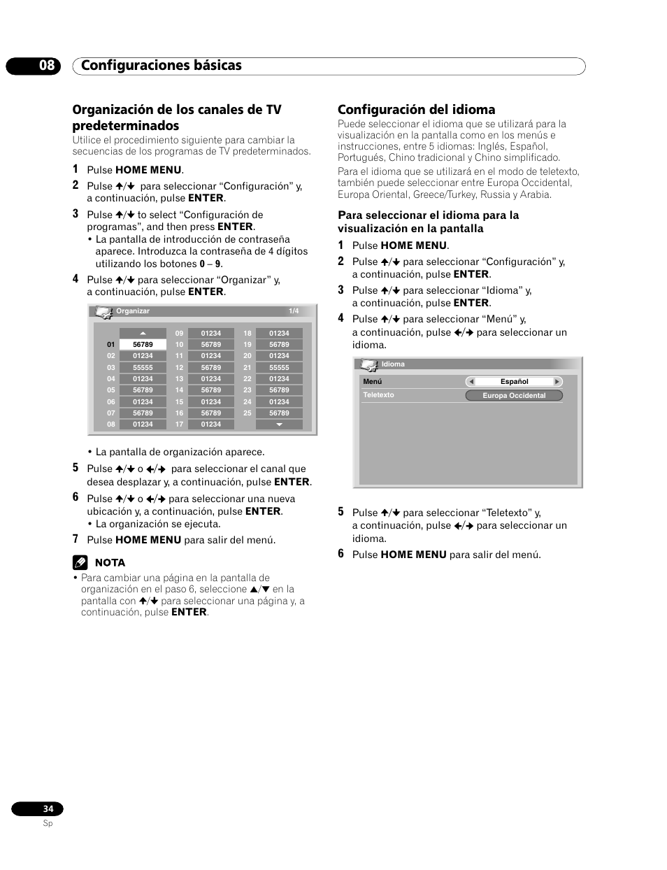 08 configuraciones básicas, Configuración del idioma, Organización de los canales de tv predeterminados | Pioneer PDP-435HDG User Manual | Page 100 / 265