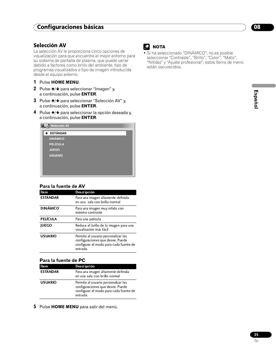 Selección av, 08 configuraciones básicas | Pioneer PDP-435HDG User Manual | Page 101 / 265