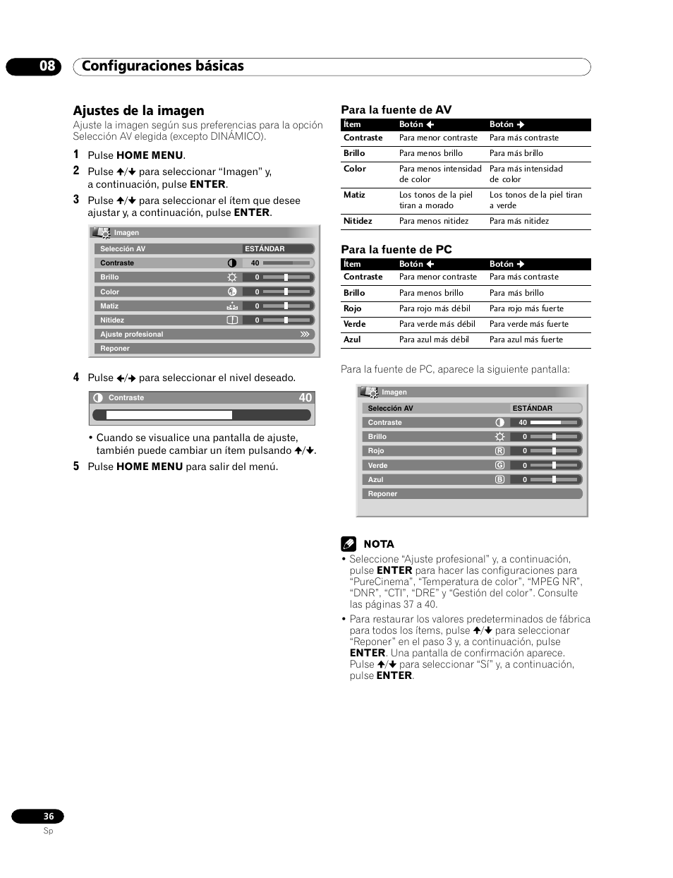 Ajustes de la imagen, 08 configuraciones básicas | Pioneer PDP-435HDG User Manual | Page 102 / 265