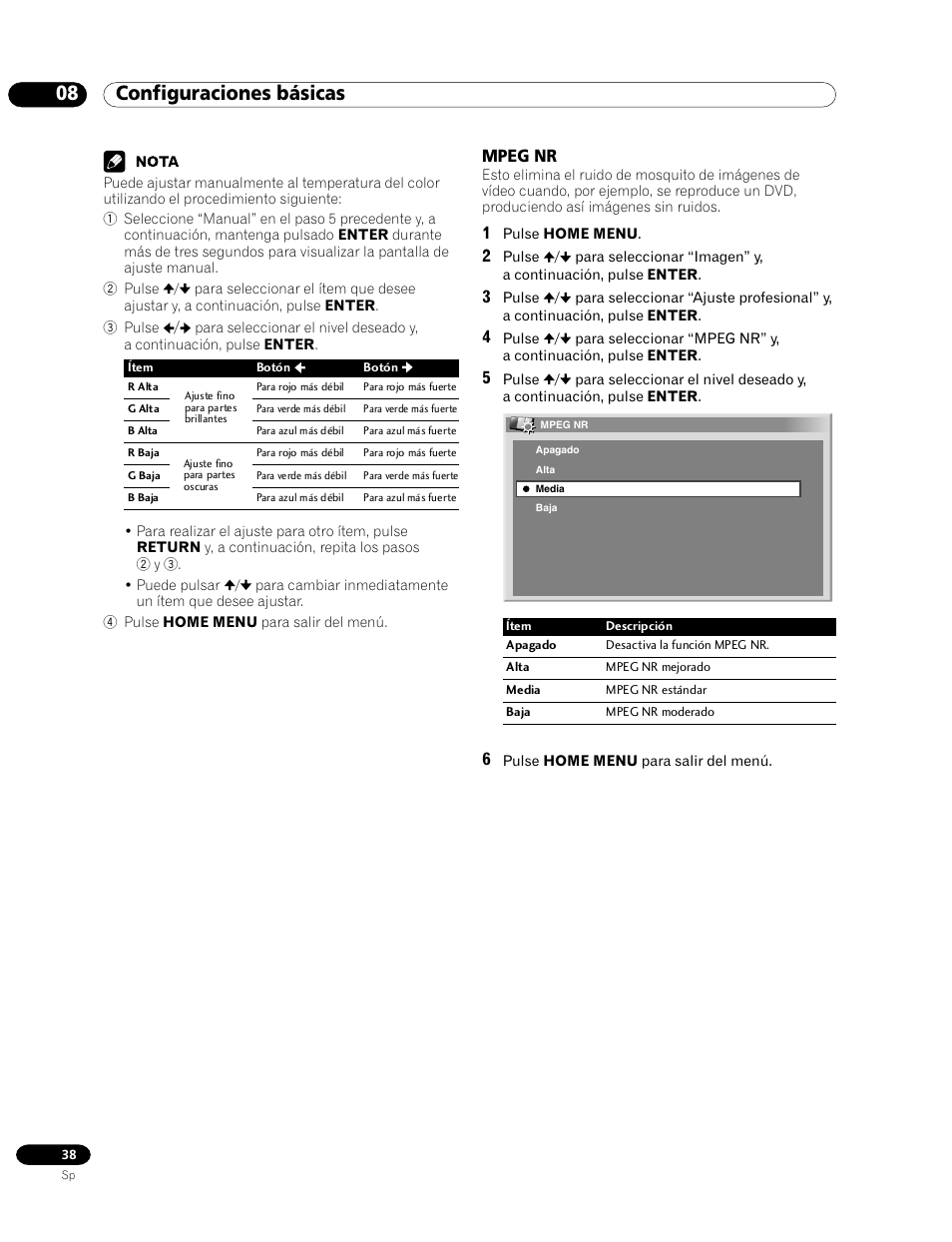 Mpeg nr, 08 configuraciones básicas | Pioneer PDP-435HDG User Manual | Page 104 / 265