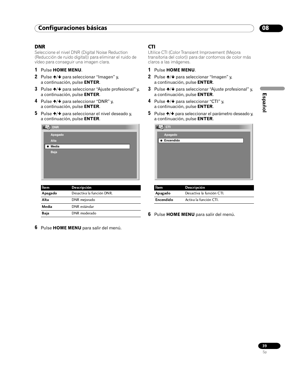 Dnr cti, 08 configuraciones básicas | Pioneer PDP-435HDG User Manual | Page 105 / 265